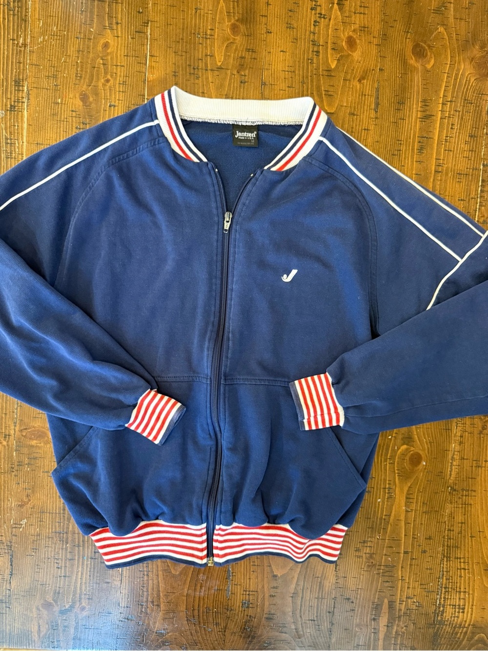 Vintage 80s Jantzen Track Jacket Navy Blue Zip Up Sweatshirt Retro Sportswear